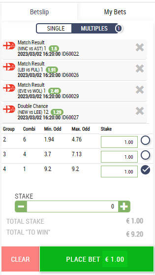 Virtual Sports. Football. Clubs. England. Tournament Bet Slip