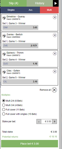 Virtual Sports Tennis. Bet Slip