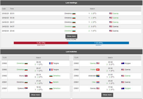 Virtual Sports Tennis. Recent match outcomes