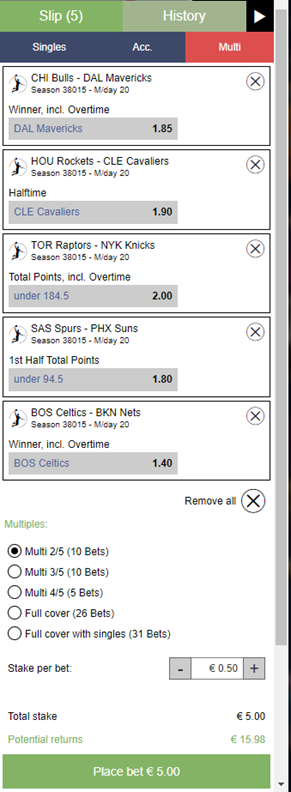 Virtual Sports Basketball NBA Bet Slip