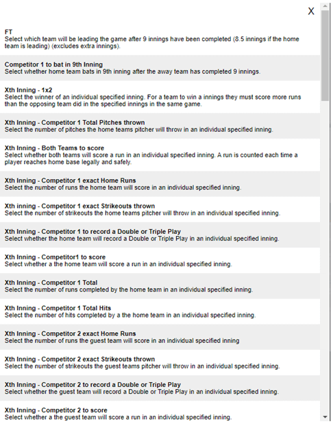 Virtual Sports Baseball Betting Market Descriptions