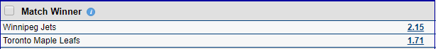 Match winner betting on Winnipeg Jets @ Toronto Maple Leafs in the NHL