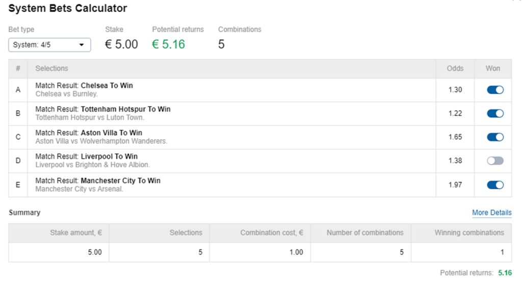 The System Bet calculator with one selection losing