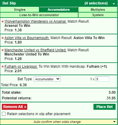 An accumulator containing match handicaps