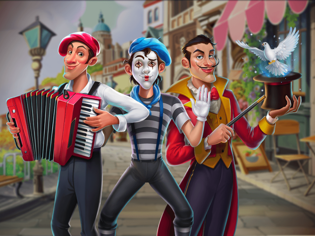 The mime artist, musician and magician in the Journey to Paris slot game.